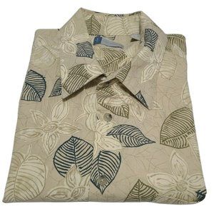 Half Moon Bay Mens Hawaiian Shirt 100% Cotton Beige Light Green/Blue Leaves Sz L